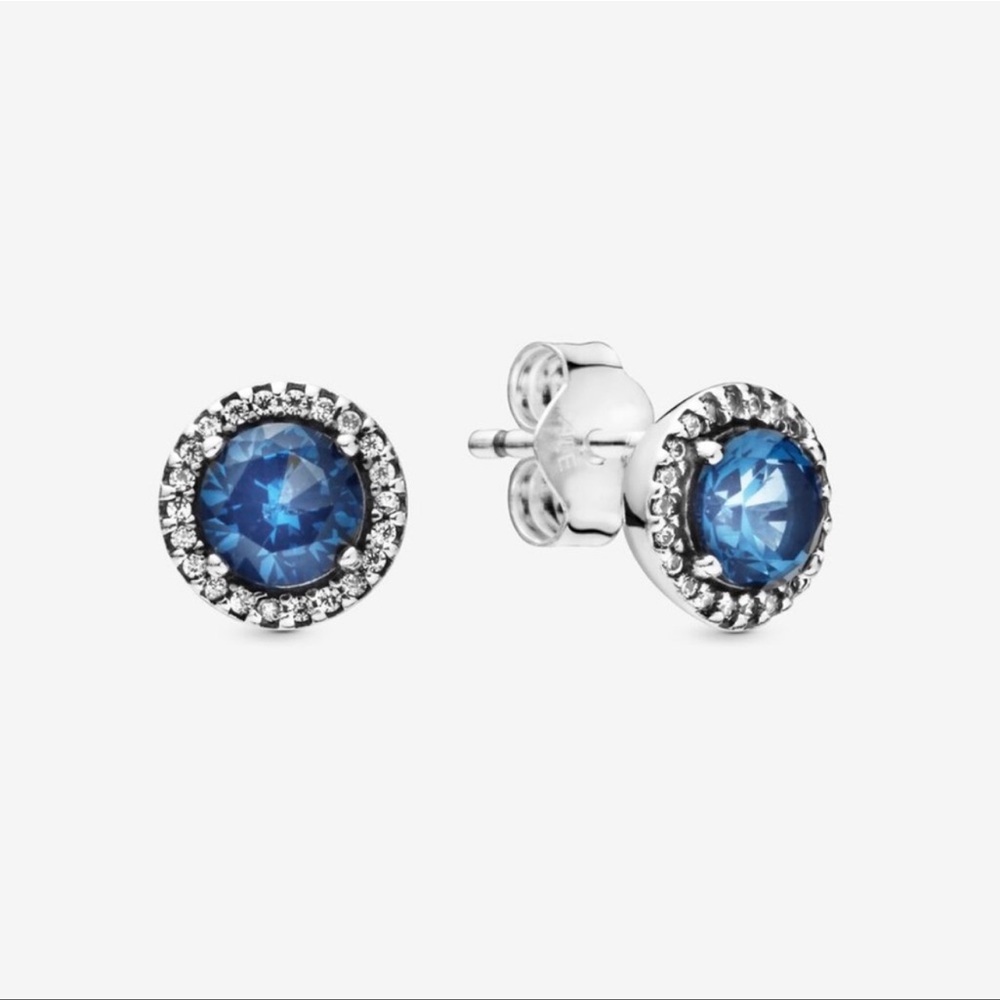 New Pandora Blue Round Sparkle Stud Earrings